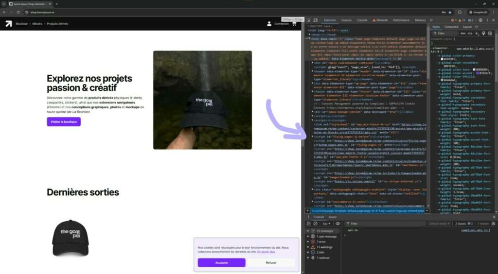 Ctrl+Shift+I pour inspecter le code de la page