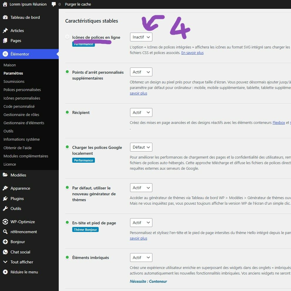 Comment changer les paramètres d'icones de polices en ligne sur Inactif