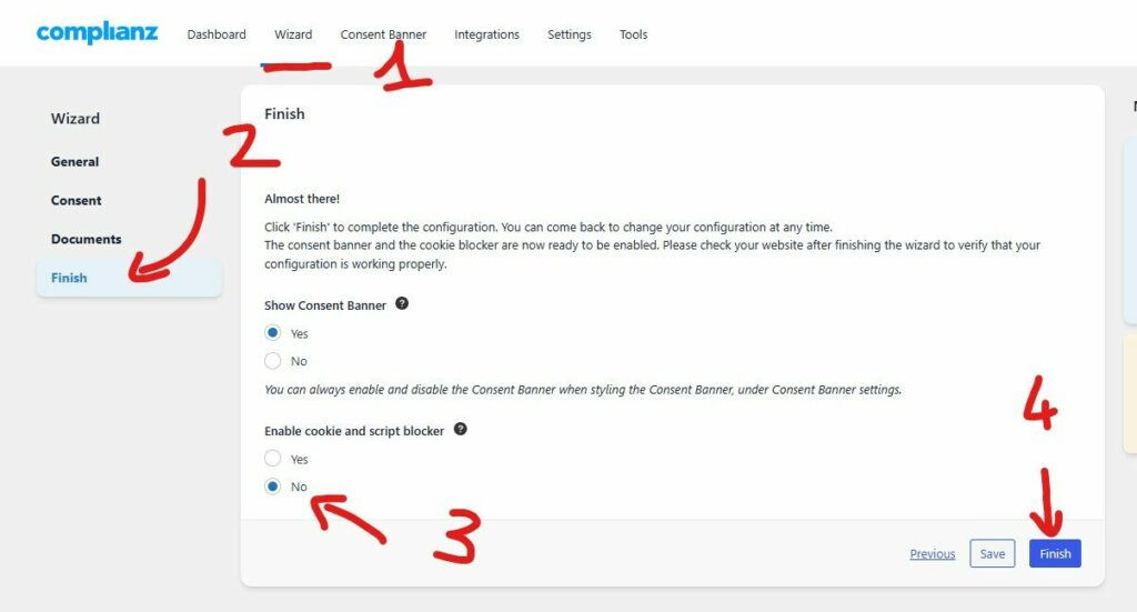 Image montrant comment supprimer le bloqueur de script et cookies de Complianz sur WordPress