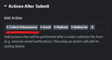 Illustration de décocher "Collect Sumbissions" pour ne pas stocker les données de formulaire sur le site.