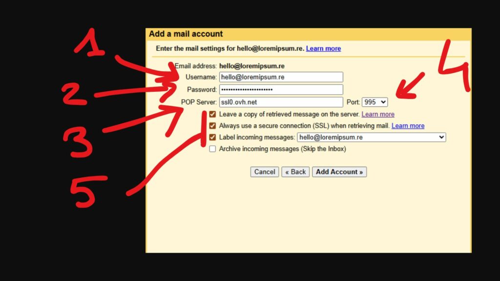 Informations serveur OVH à entrer pour Gmail