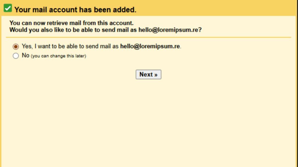 Après avoir ajouté la réception de mails, cliquer sur oui pour pouvoir envoyer depuis la boîte email OVH sur Gmail