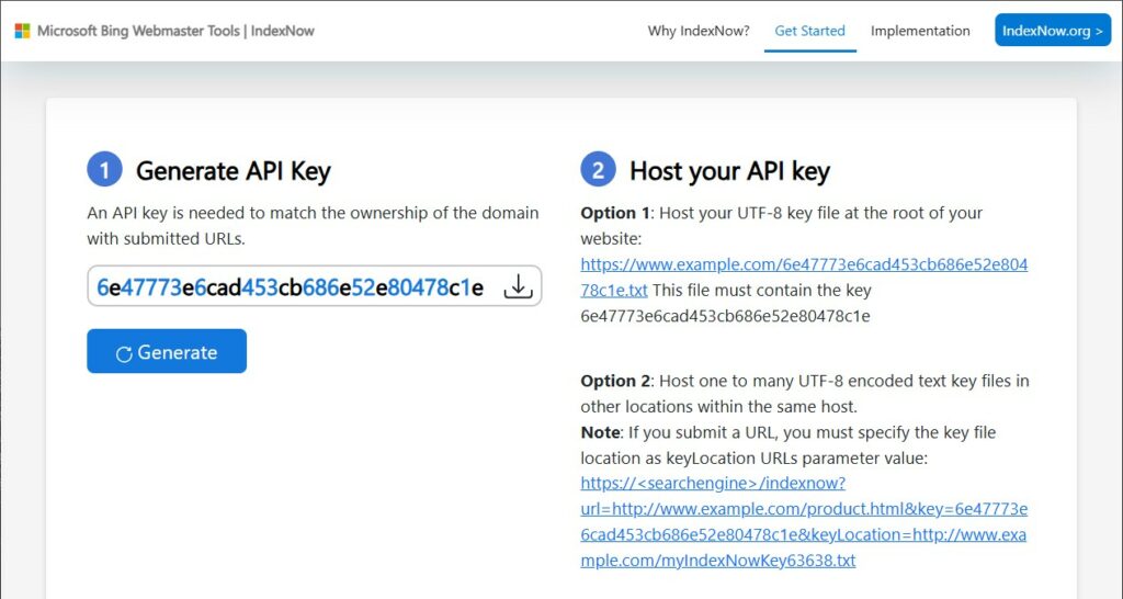 Générer une clé API IndexNow depuis le site bing.com/indexnow/getstarted