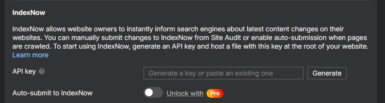 Section "IndexNow" sur Ahrefs