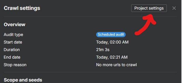Cliquer sur "Project settings" sur Ahrefs