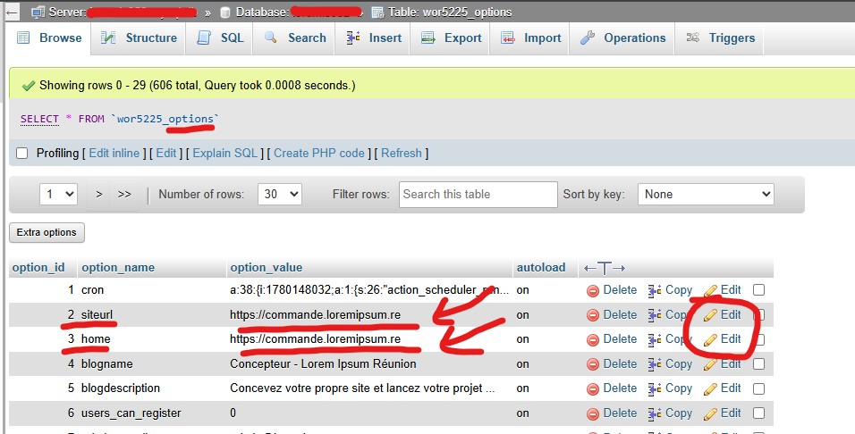 À modifier pour changer son ancien nom de domaine vers le nouveau phpMyAdmin OVH
