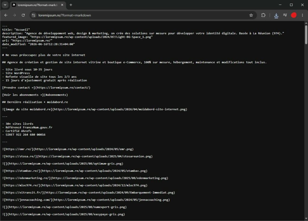 Voici comment votre site ressemble au format "Markdown"