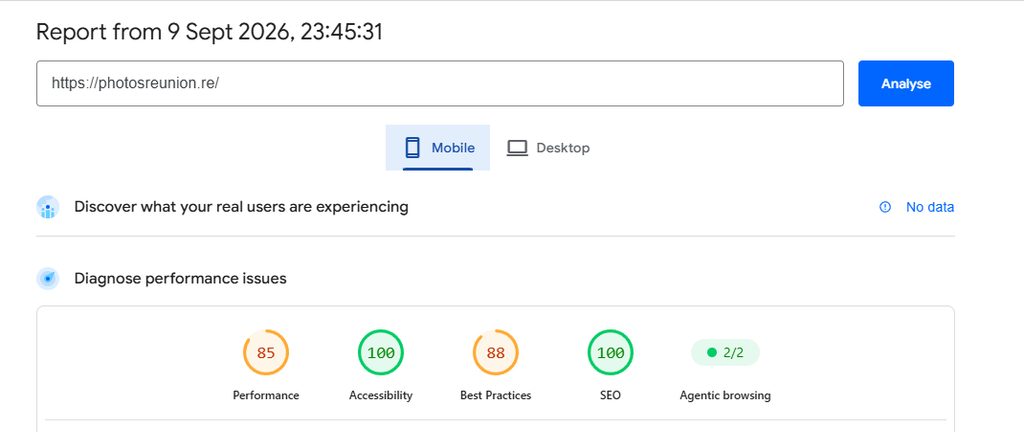 Score pagespeed de photosreunion.re sur Cloudflare, site web IA Astra