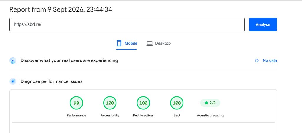 Score pagespeed de sbd.re sur OVH, site web IA Astra
