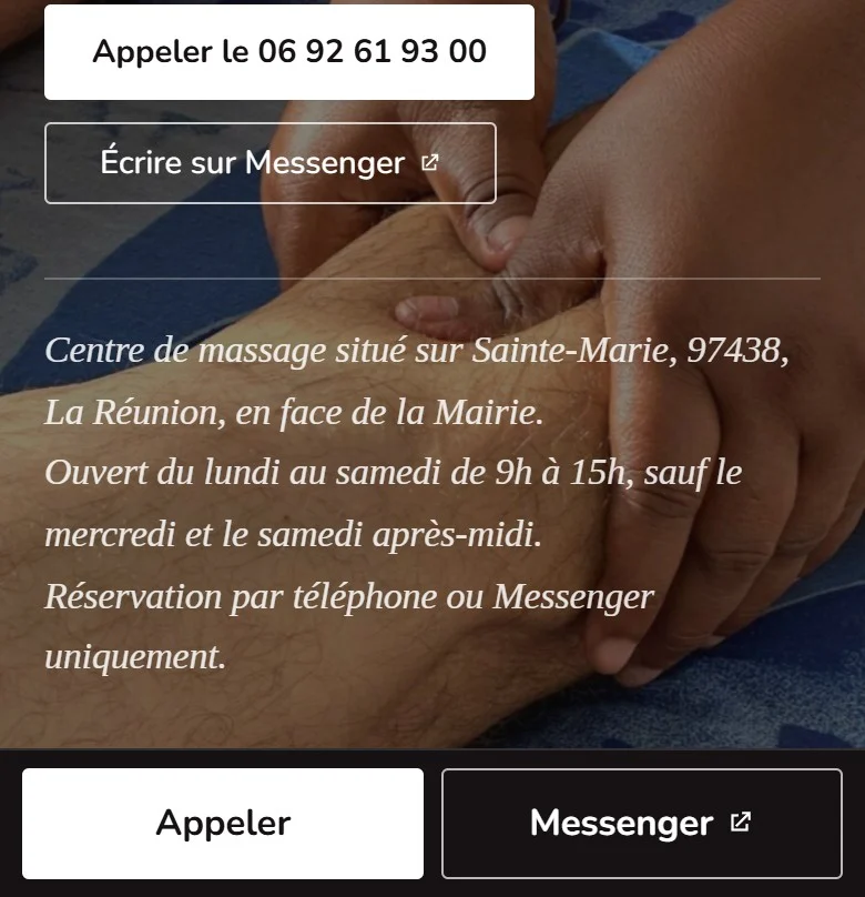 Site d’O’tambav sur téléphone, avec les boutons Appeler et Messenger