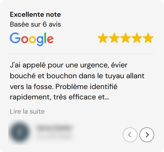 Bloc Excellente note, 5 étoiles sur Google, affiché sur le site de Marti Plomberie
