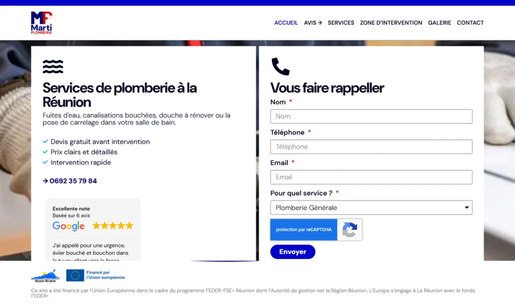 Site de Marti Plomberie et mention de financement FEDER en pied de page