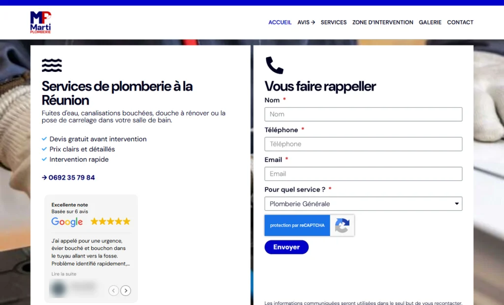 Formulaire Vous faire rappeler sur le site de Marti Plomberie